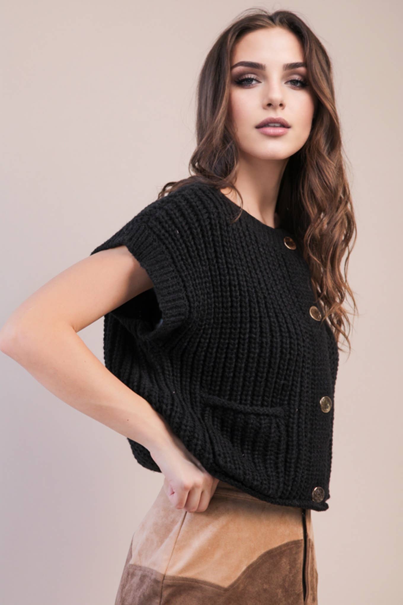 Oversized Button Down Knit Sweater Top: BLACK