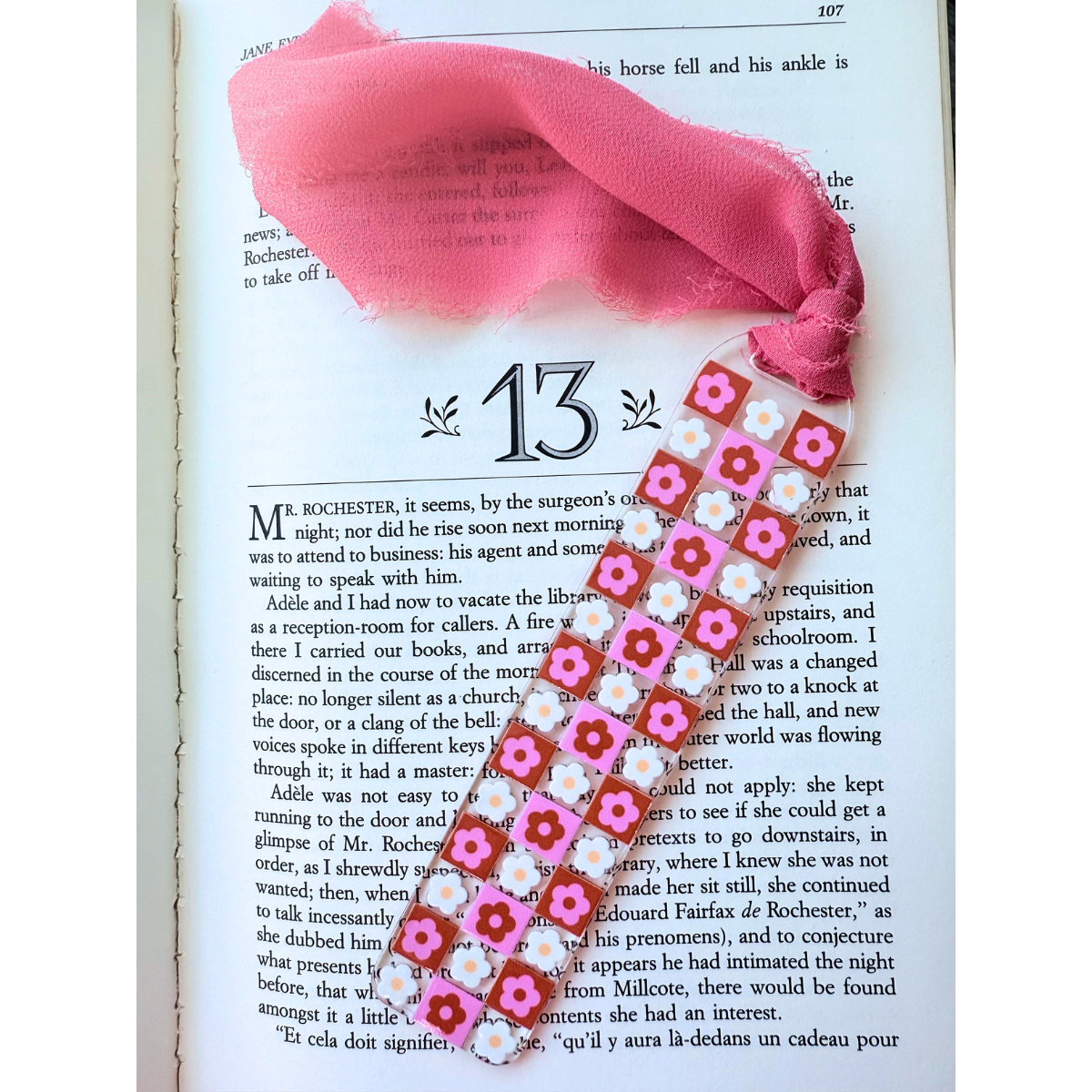 Acrylic bookmark pinks and reds retro flower checkered