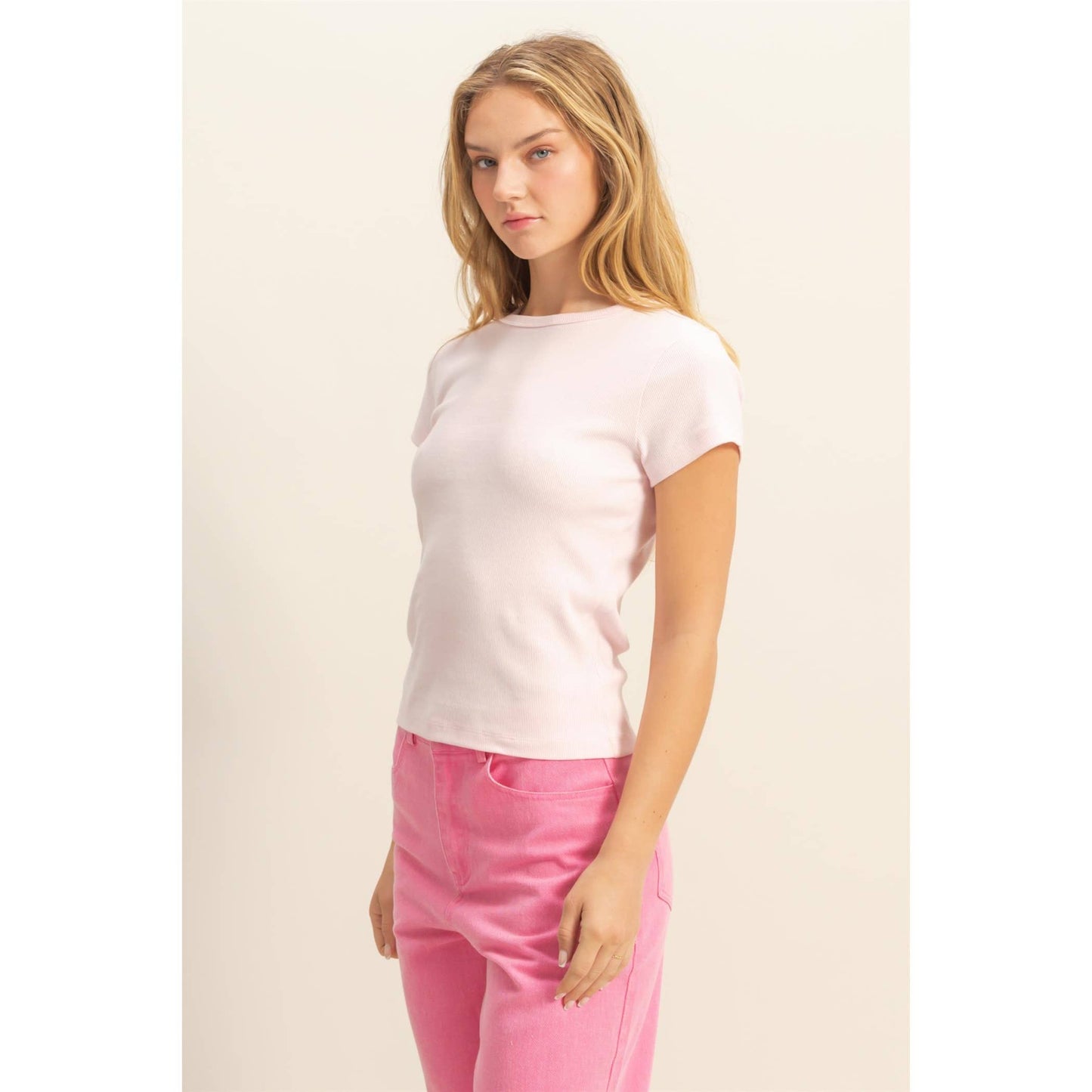 Ribbed Crew Neck Short Sleeve Top: SOFT PINK