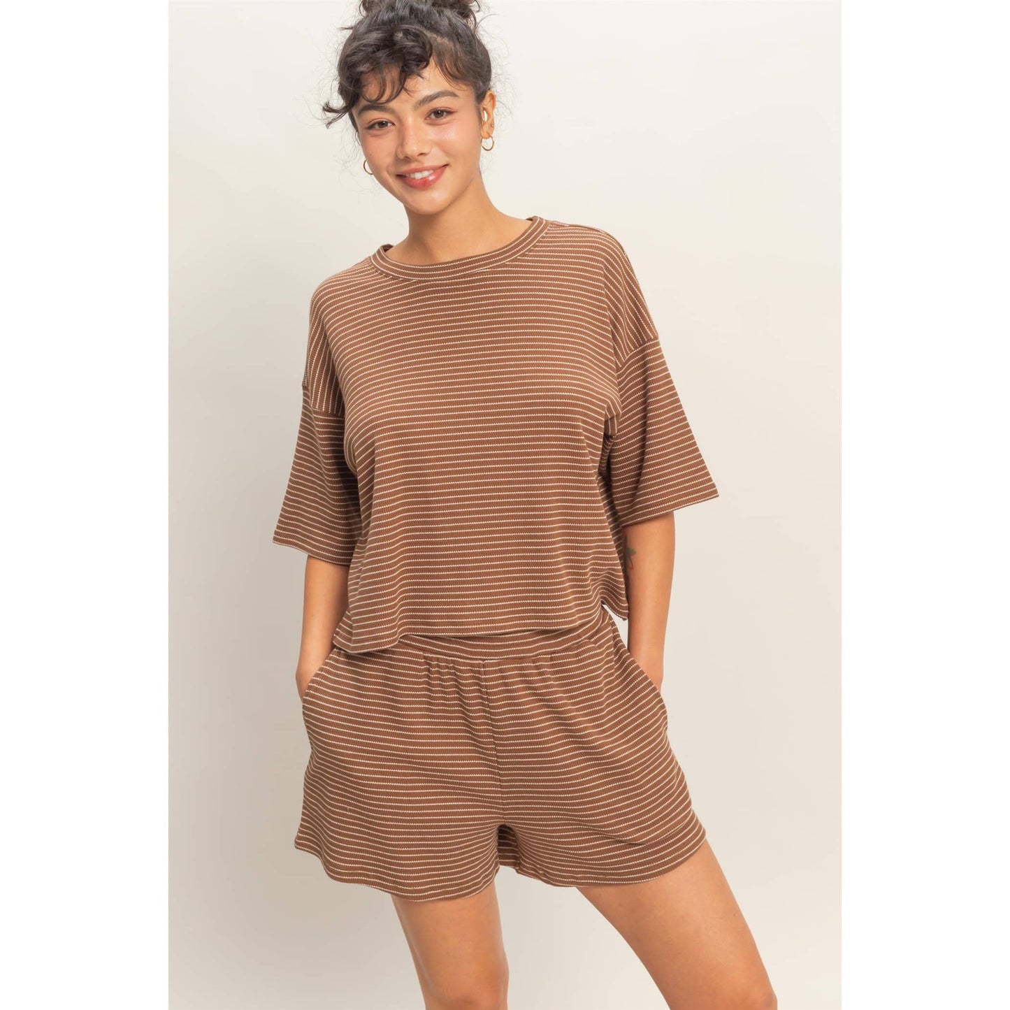 Mocha Striped Round Neck Top