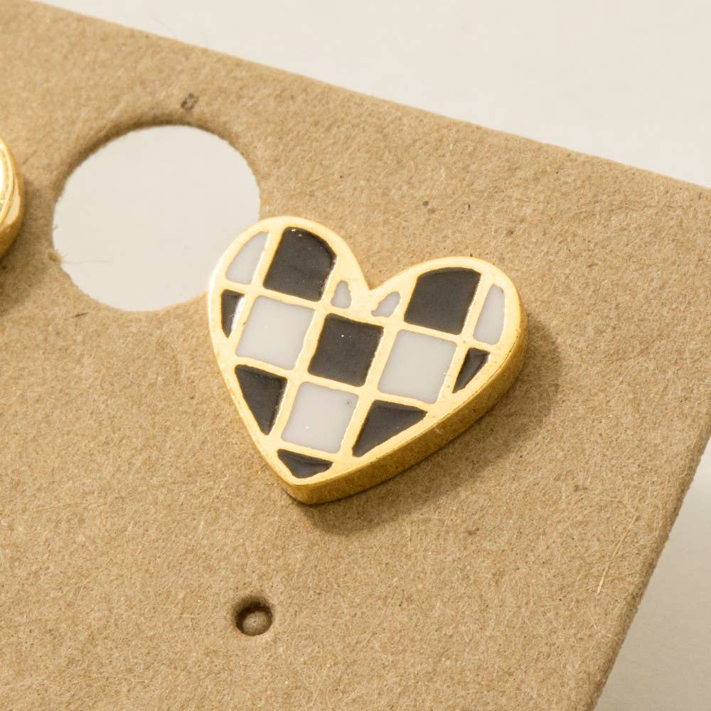 Checkered Heart Stud Earrings