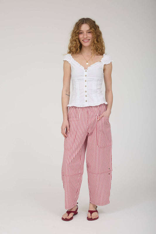 STRIPE POCKET DETAIL WIDE LEG PANTS: BERRY