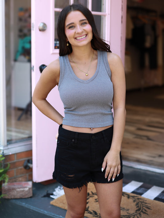 Seamless Knit Ribbed V-Neck Tank: Cool Grey
