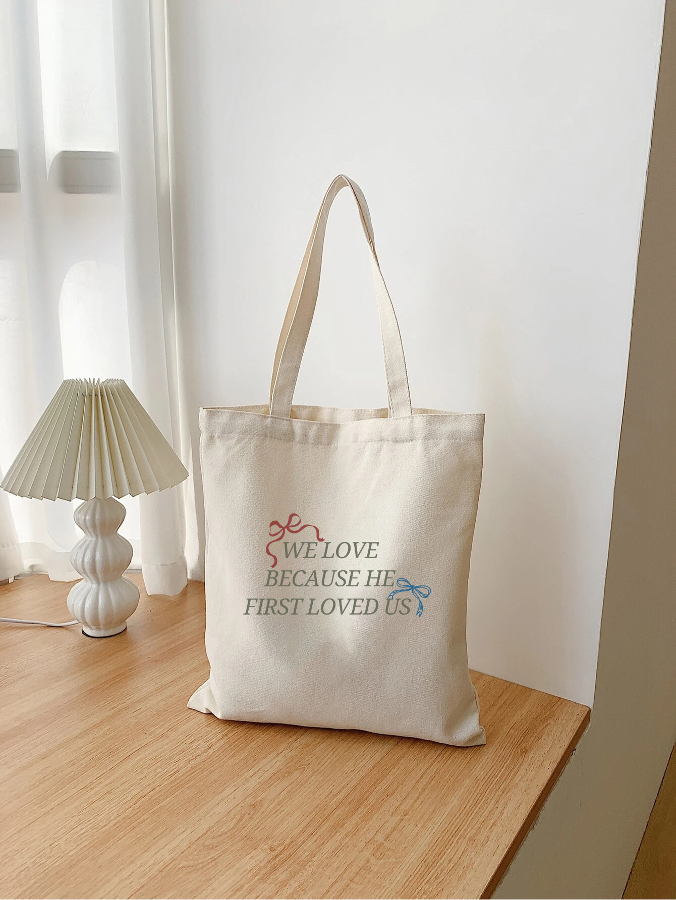 We love because He first loved us, Faith gift tote bags,