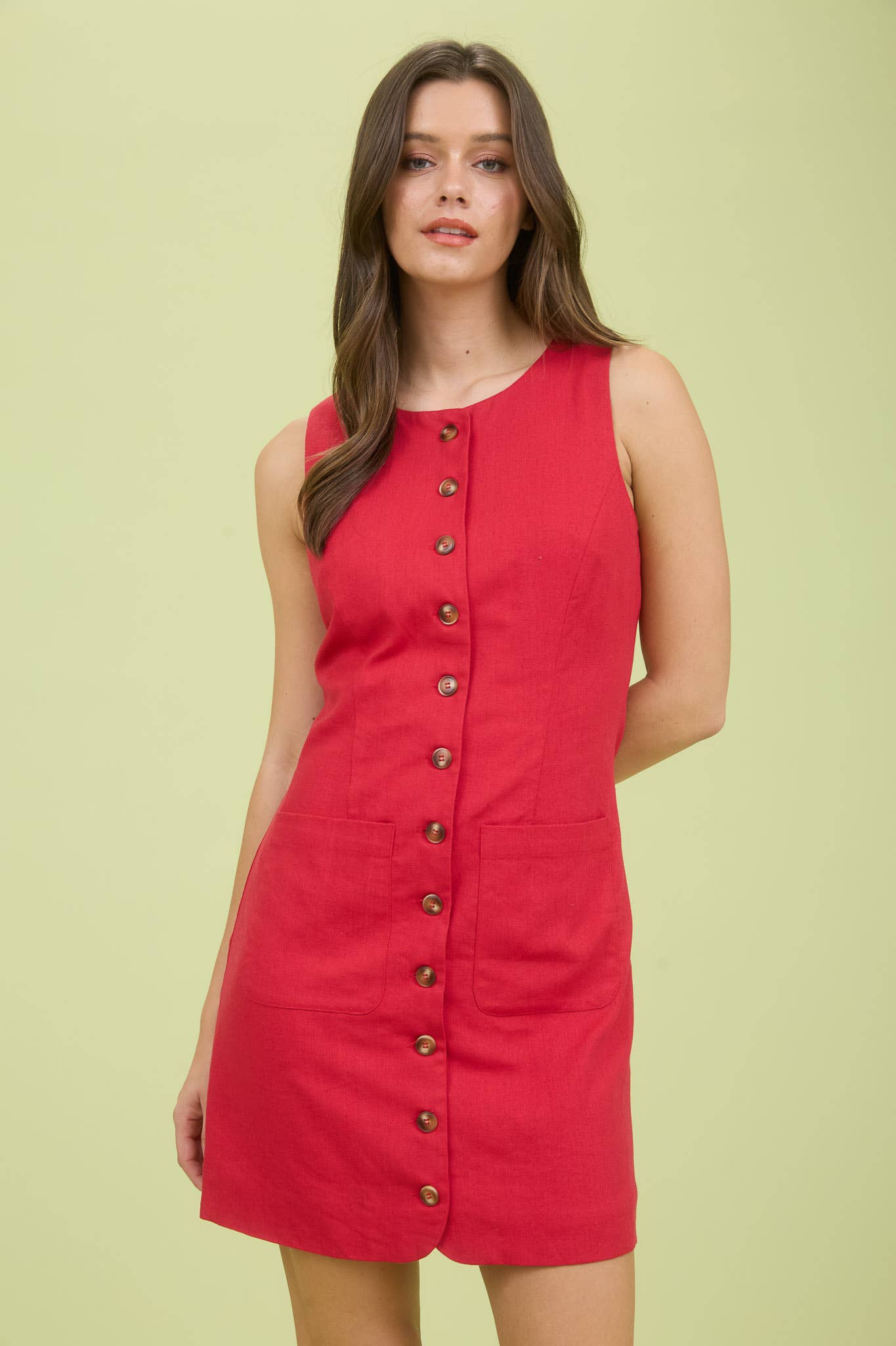 BUTTON DOWN SLEEVELESS LINEN MINI DRESS