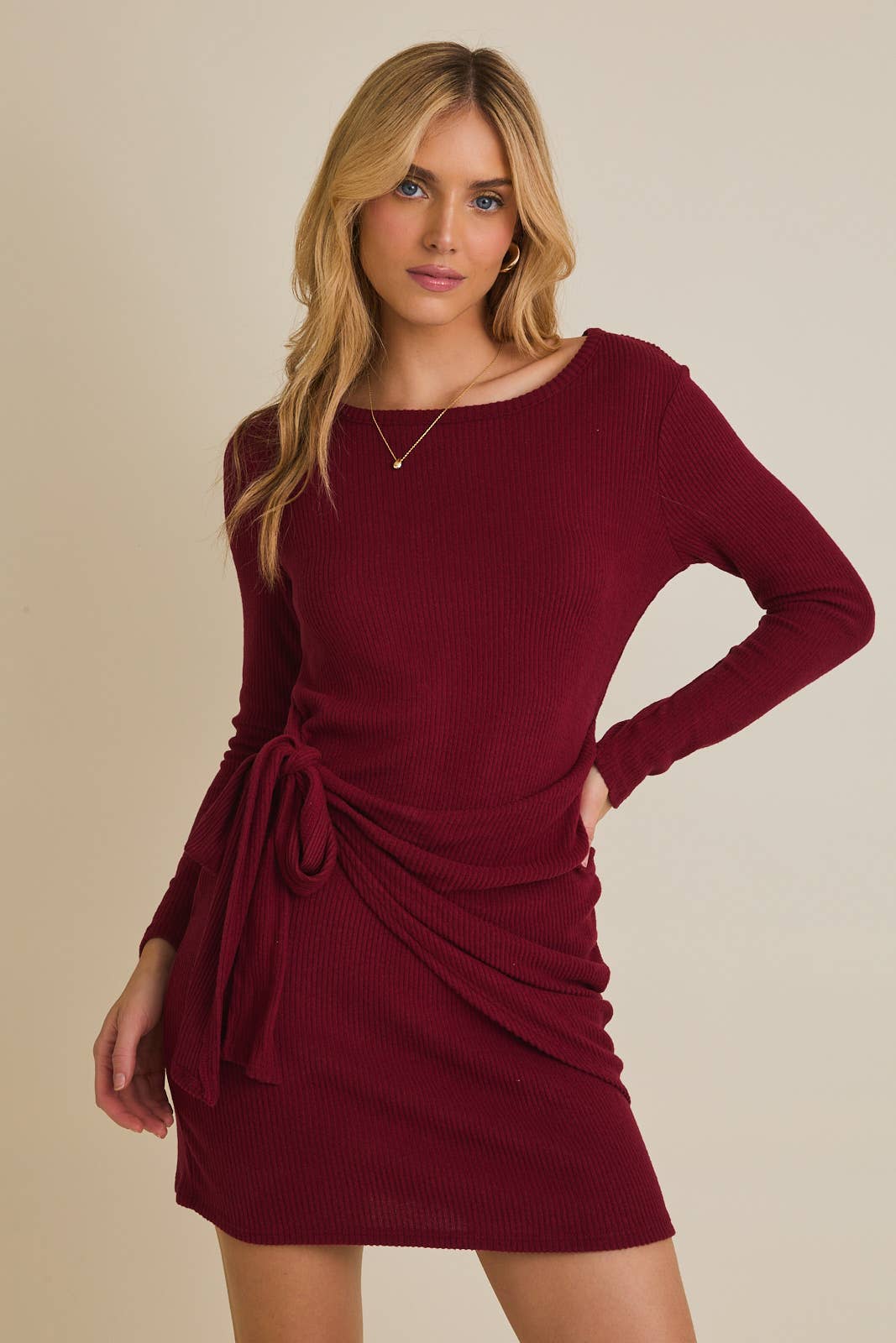 WRAP TIE DRESS: Burgundy