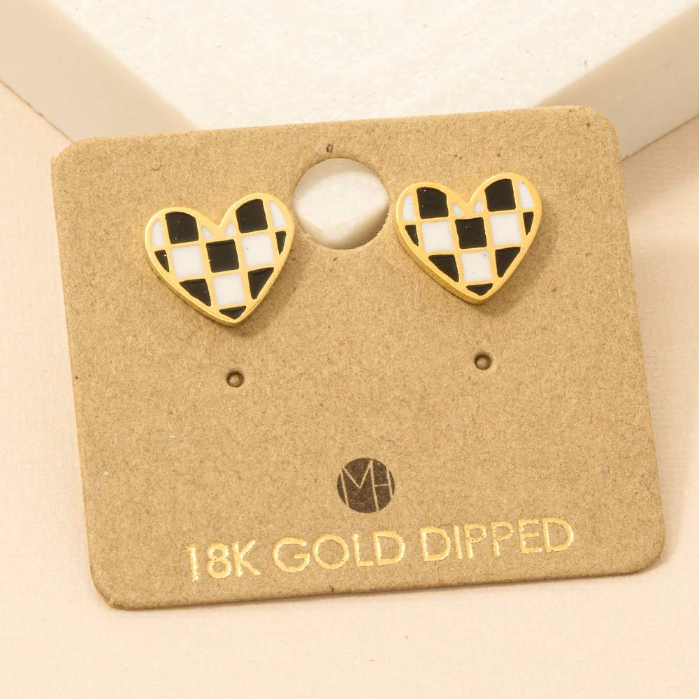 Checkered Heart Stud Earrings