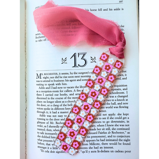 Acrylic bookmark pinks and reds retro flower checkered