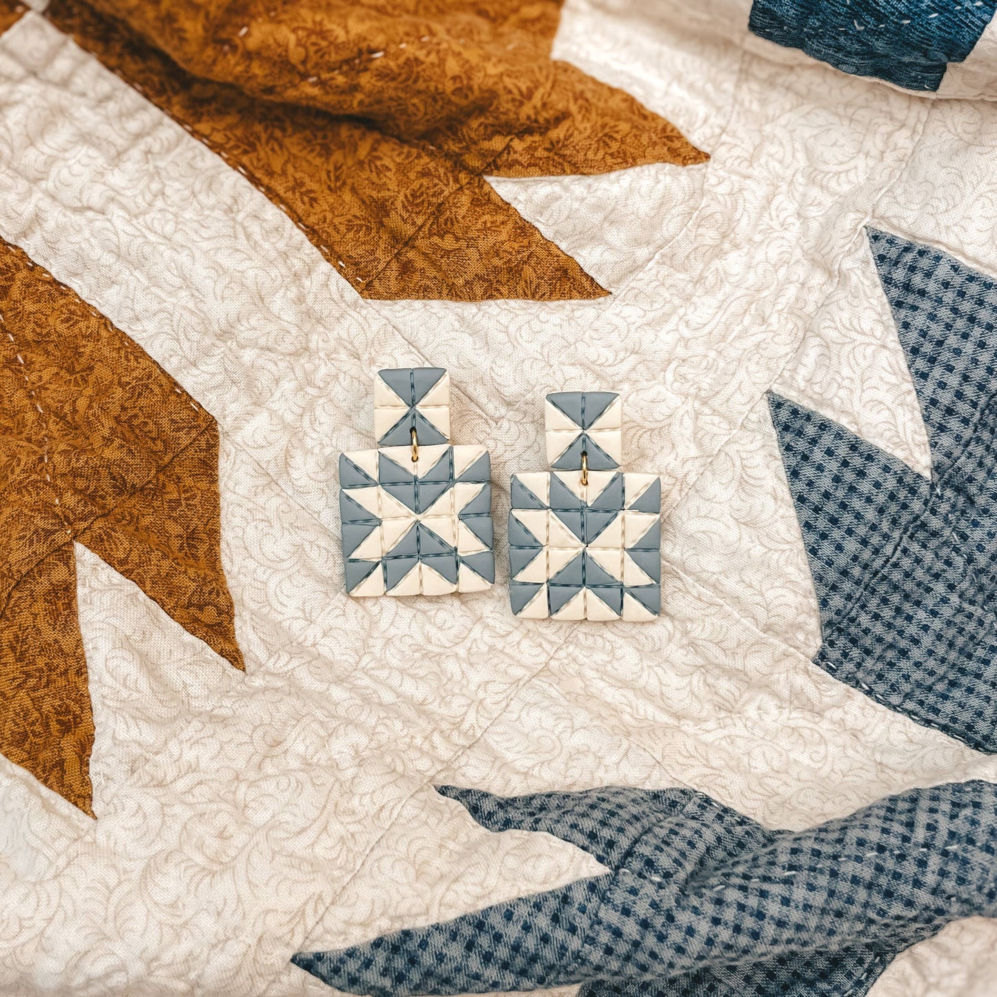 Quilted Style Stud Dangle Earrings | White + Bluee