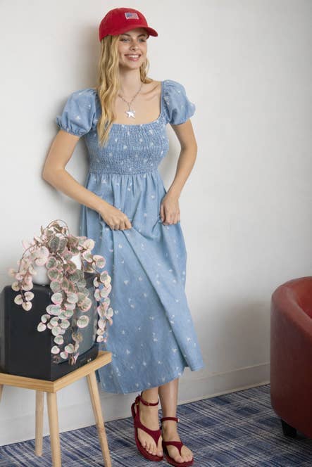 CHAMBRAY FLORAL EMBROIDERY SMOCKED DENIM MIDI DRESS