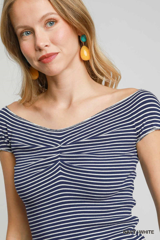 Off Shoulder Navy Striped Top