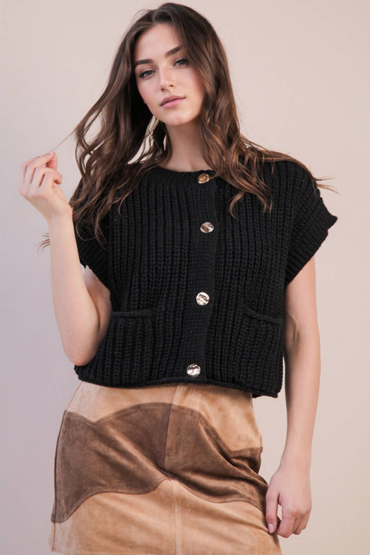 Oversized Button Down Knit Sweater Top: BLACK