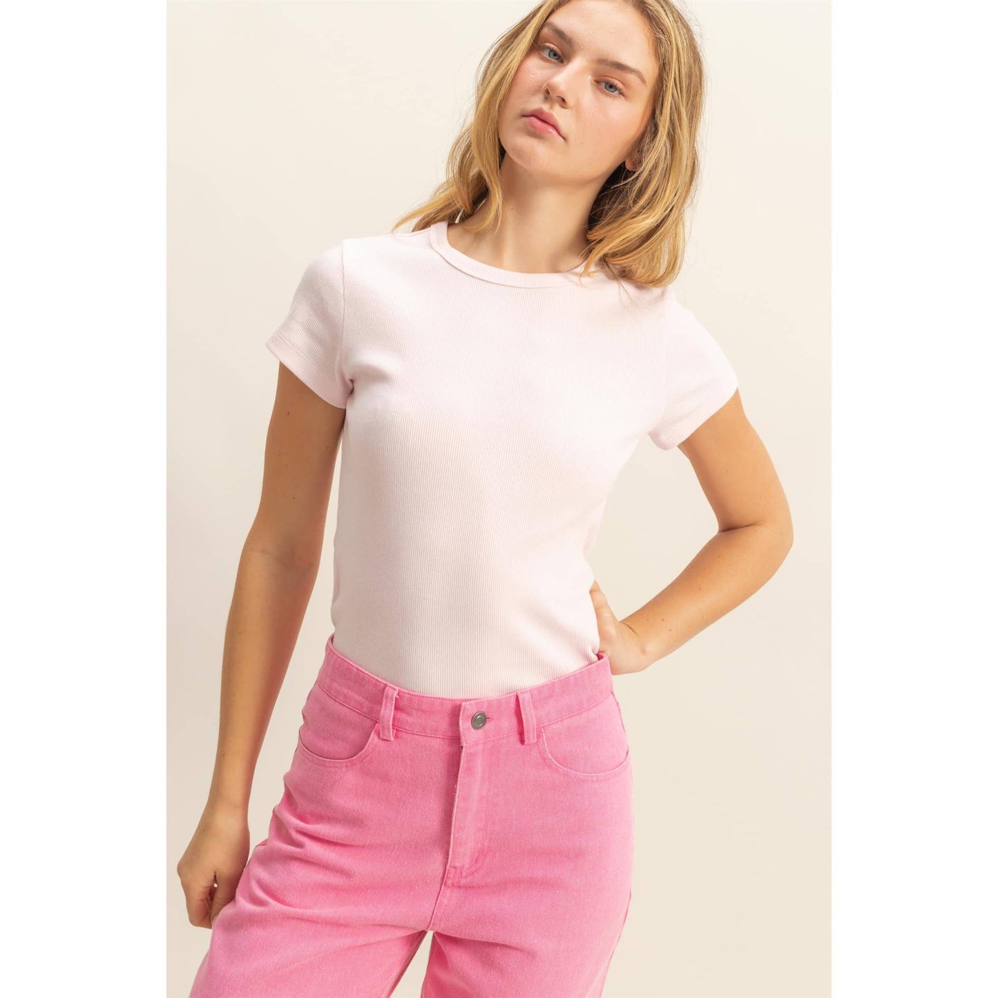 Ribbed Crew Neck Short Sleeve Top: SOFT PINK