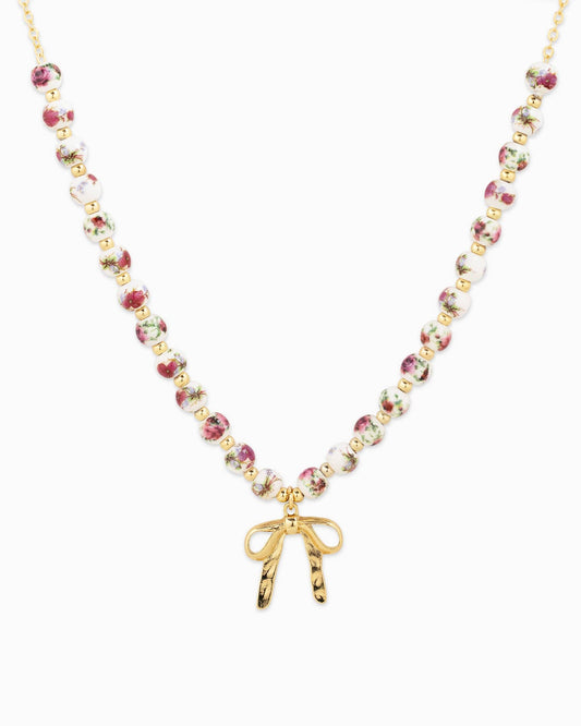Ceramic Pink Bead Bow Necklace